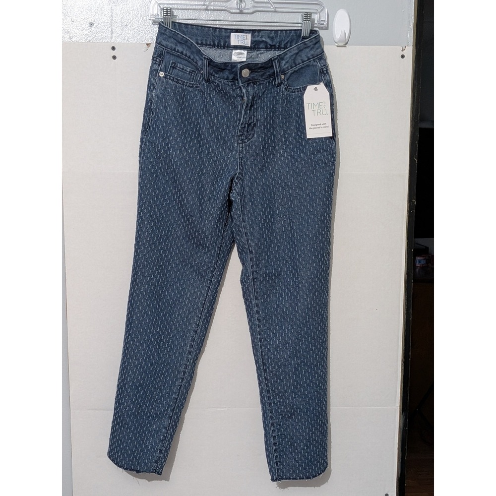 Time and Tru Womens Blue Textured Dash Print High Rise Straight Leg Jeans Size 2